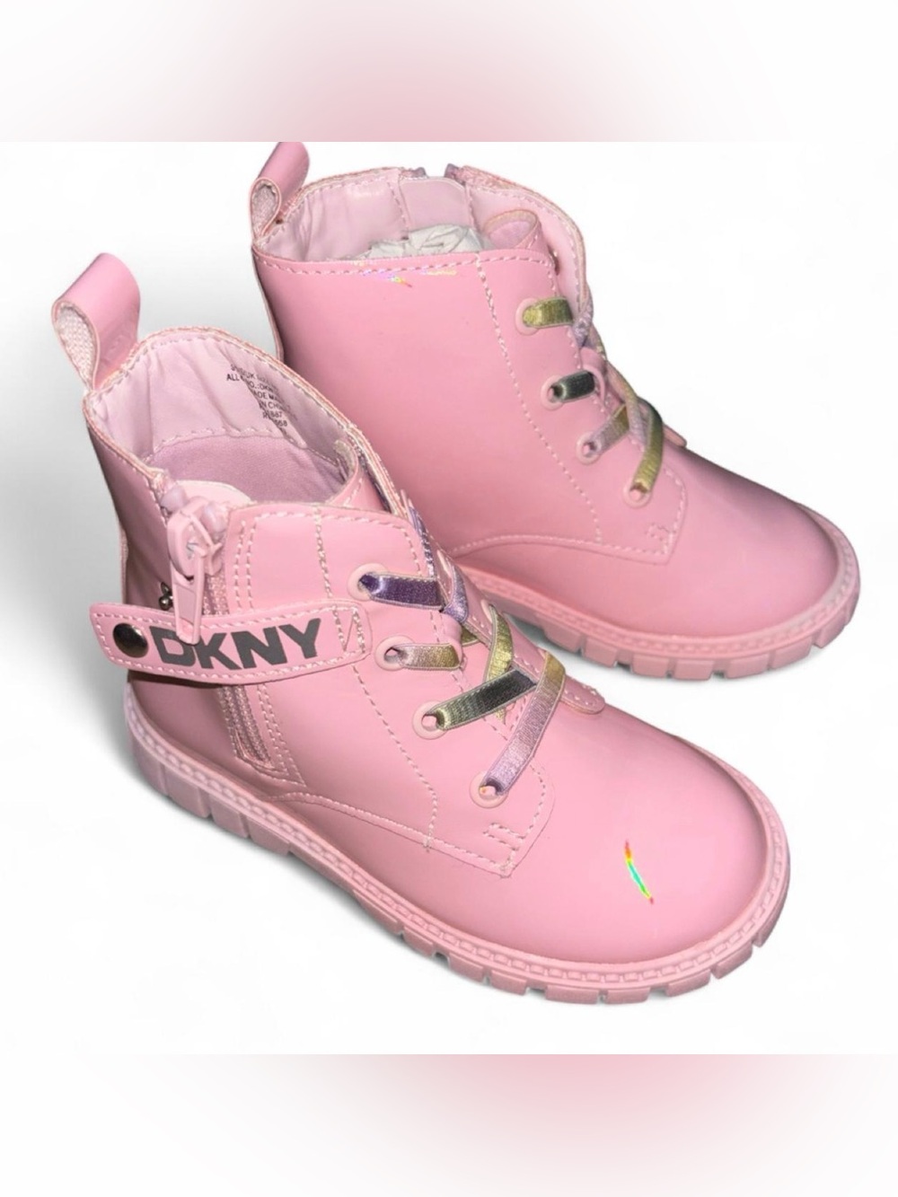 DKNY Kids Carrie Side Zip Combat Boots Blush Pink Holographic Toddler Size 8 BNW